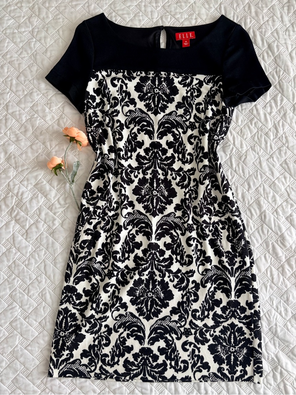 ELLE Black and White Damask Sheath Dress XS Short Sleeve